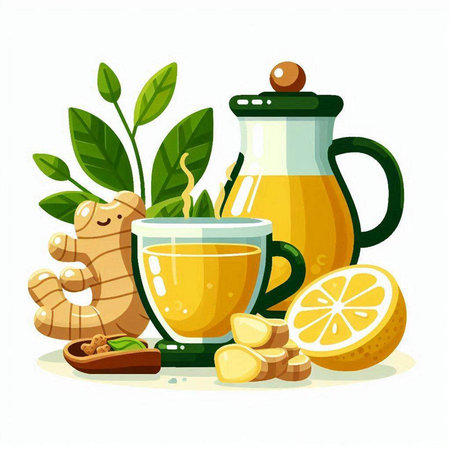 Cup of tea with ginger, lemon and mint. Vector illustration.のイラスト素材