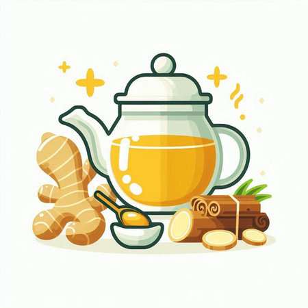 Ginger tea in a glass teapot, ginger root, honey, cinnamon. Vector illustration.のイラスト素材