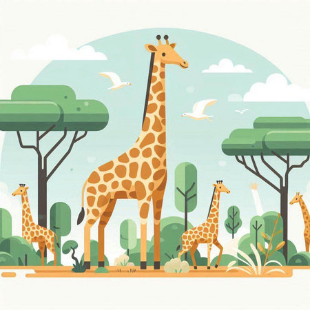 Giraffe in the savanna. Vector illustration. Flat style.のイラスト素材
