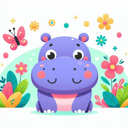 Cute cartoon hippo with flowers on white background. Vector illustration.のイラスト素材