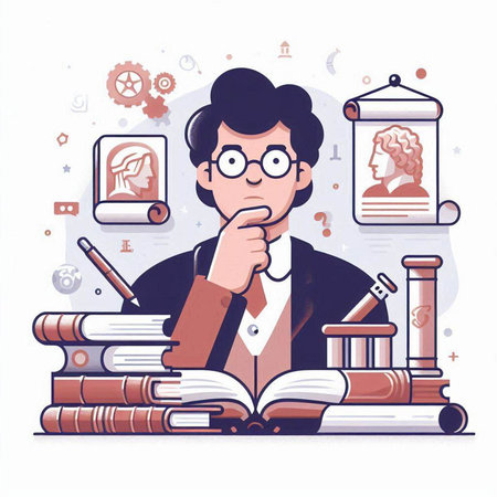 Vector illustration of a man in glasses sitting at the table with a lot of booksのイラスト素材