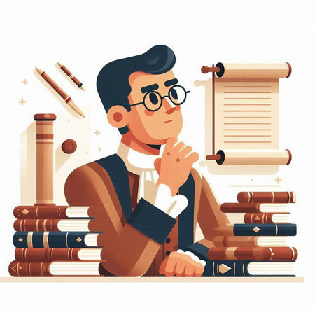 Vector illustration of a young man in glasses sitting at the table with a stack of books.のイラスト素材