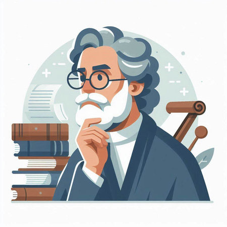 Old man in glasses with a magnifying glass and books. Vector illustrationのイラスト素材