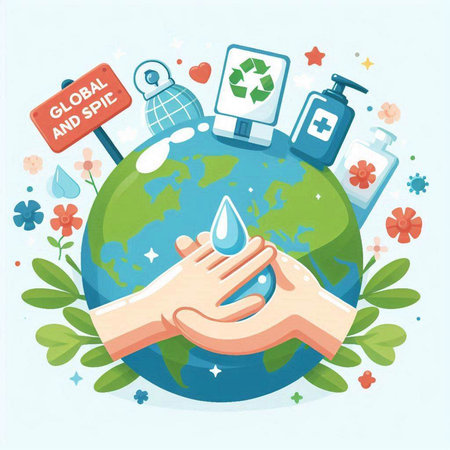 Vector illustration of hands washing the planet Earth. Cleaning the environment concept.のイラスト素材