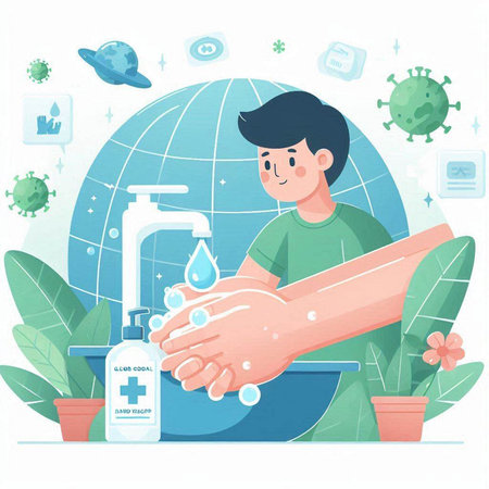 Coronavirus prevention concept. Man washing hands with soap. Vector illustrationのイラスト素材