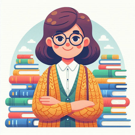 Cute schoolgirl in glasses standing near pile of books. Vector illustration.のイラスト素材
