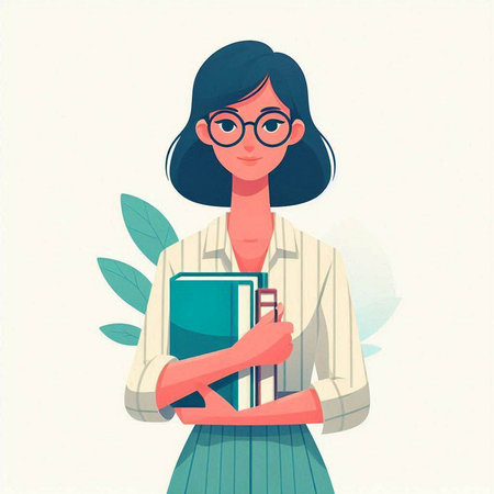 Young female teacher in glasses holding a book. Vector illustration in cartoon style.のイラスト素材