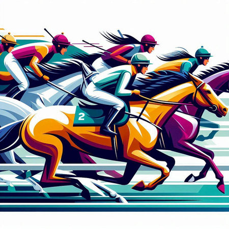 Jockeys racing on race horses. Vector illustration in retro styleのイラスト素材