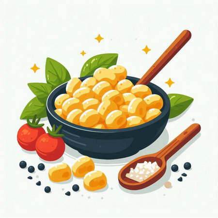 Illustration of a bowl of gnocchi. Vector illustration.のイラスト素材