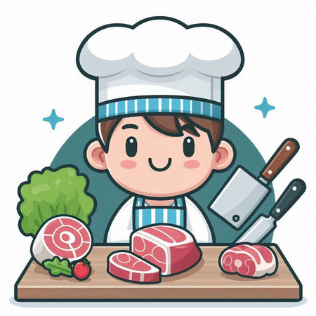 Illustration of a Cute Little Boy Chef Posing with a Meat Setのイラスト素材