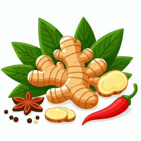 Ginger root, chili pepper and green leaves. Vector illustration.のイラスト素材