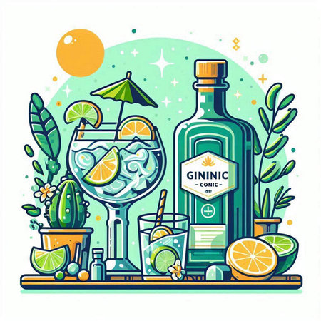 Cocktail set with lemon, lime, ice and mint. Colorful vector illustration.のイラスト素材
