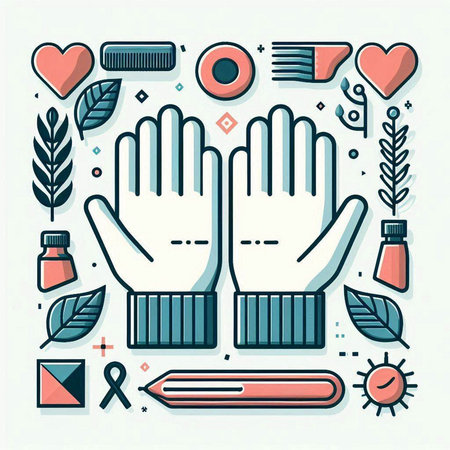 Vector line art illustration set of medical and health care items: gloves, thermometer, thermometer, cream, scissors, heart, ribbon, leaf, nail polish, lipstick, scissors.のイラスト素材