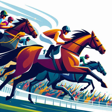 Horse racing, jockeys on racecourse vector illustration.のイラスト素材