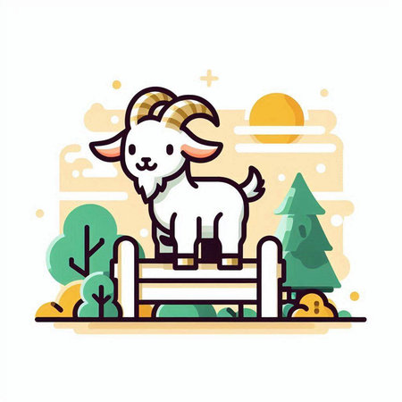 Vector illustration of a goat on a fence in the park. Flat style.のイラスト素材