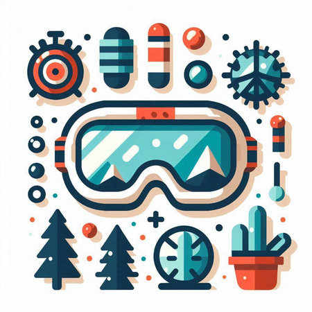 Winter sport equipment. Ski goggles and snowboard. Vector illustration in flat styleのイラスト素材