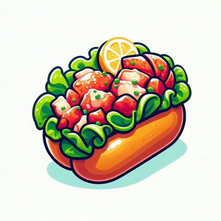 Illustration of a hot dog with salad and lemon on a white backgroundのイラスト素材