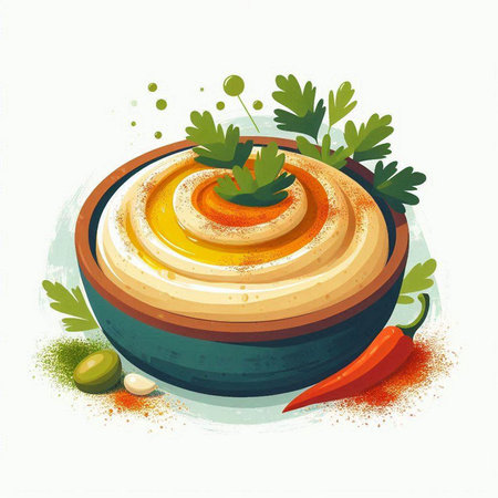 Illustration of hummus in a bowl with herbs and spices.のイラスト素材