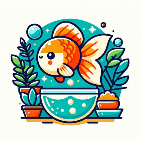 Cute goldfish in a bowl. Vector illustration in flat style.のイラスト素材