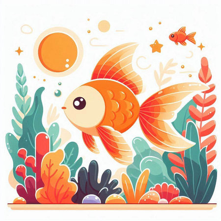 Cute cartoon goldfish in the sea. Vector illustration on white background.のイラスト素材