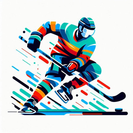 Hockey player with the stick and puck. Colorful vector illustration.のイラスト素材