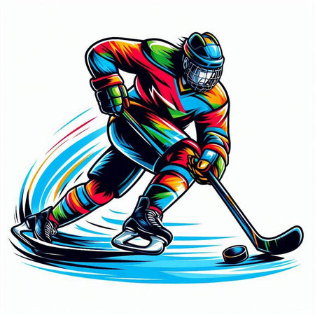 Ice hockey player with the stick and puck on ice. Vector illustrationのイラスト素材