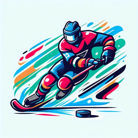 Ice hockey player with the stick and puck on the ice. Vector illustration.のイラスト素材