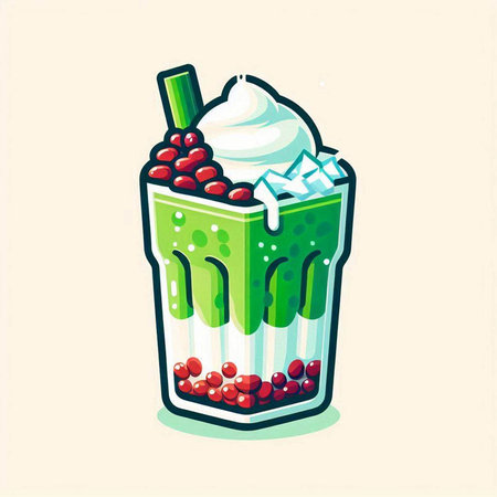 Green tea smoothie with whipped cream and berries. Vector illustration.のイラスト素材