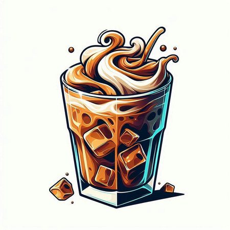 Illustration of a glass of coffee with ice cubes and whipped creamのイラスト素材