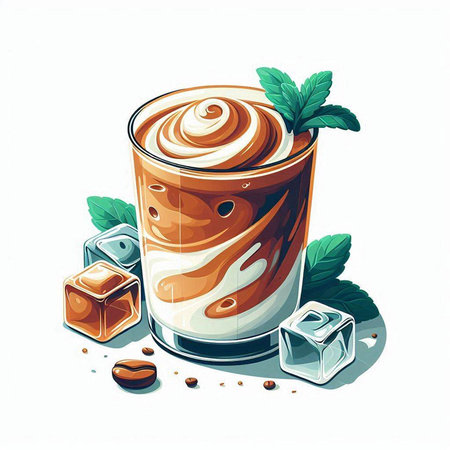 Iced coffee with ice cubes and mint leaves. Vector illustration.のイラスト素材