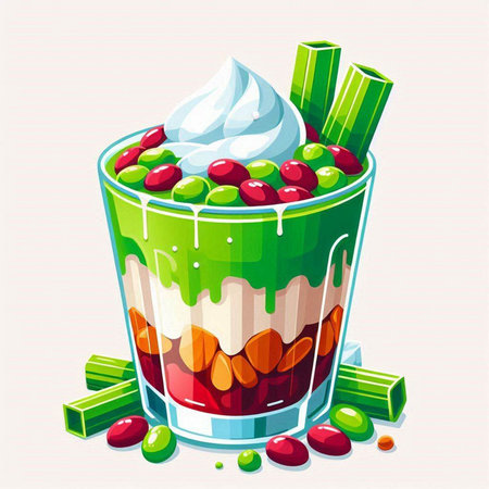 Vector illustration of a glass of yogurt with candied fruits and berriesのイラスト素材
