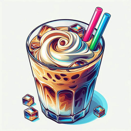 Iced coffee with whipped cream in a glass. Vector illustration.のイラスト素材