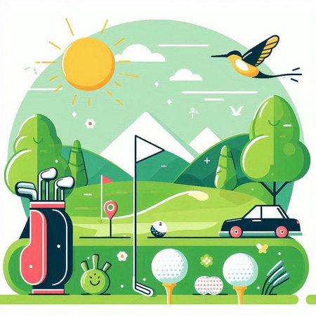 Golf course flat design vector illustration. Golf club, ball, golf bag, golf club, golf ball, golf course, green landscape.のイラスト素材
