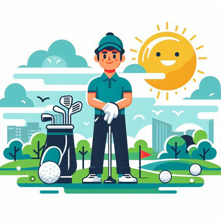 Golf player on the golf course. Vector illustration in flat styleのイラスト素材