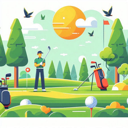 Golf player on the golf course. Flat style vector illustration.のイラスト素材