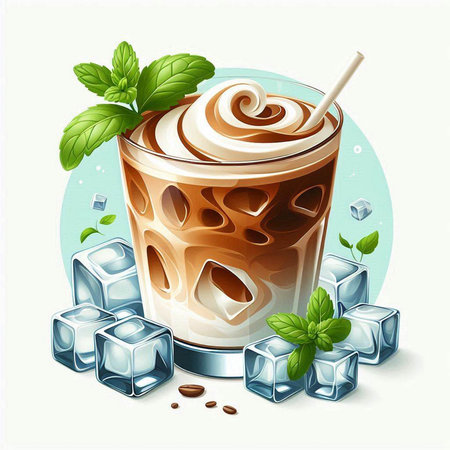 Iced coffee with ice cubes and mint leaves. Vector illustration.のイラスト素材