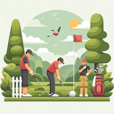 Golfers playing golf in the park. Flat style vector illustration.のイラスト素材