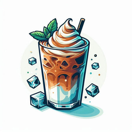 Coffee with ice cubes and whipped cream. Vector illustration.のイラスト素材