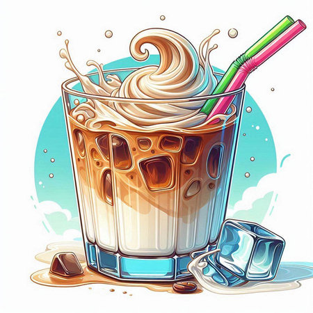Glass of milkshake with ice cubes and straw. Vector illustration.のイラスト素材