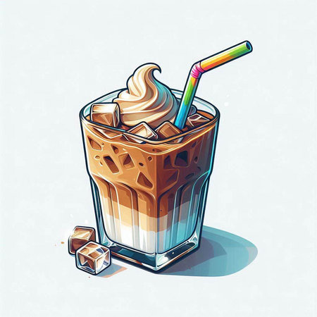 Iced coffee with whipped cream and ice cubes. Vector illustration.のイラスト素材