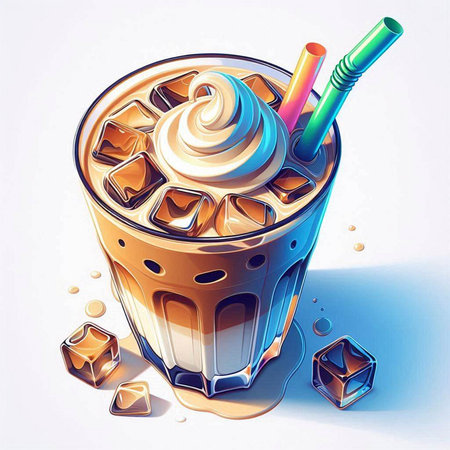 Iced coffee in glass with ice cubes and straw. Vector illustration.のイラスト素材