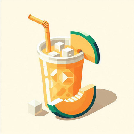Orange juice in a glass with a straw and ice cubes. Vector illustration.のイラスト素材