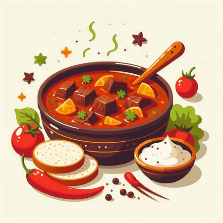 Vector illustration of a bowl of beef stew with vegetables and sour creamのイラスト素材