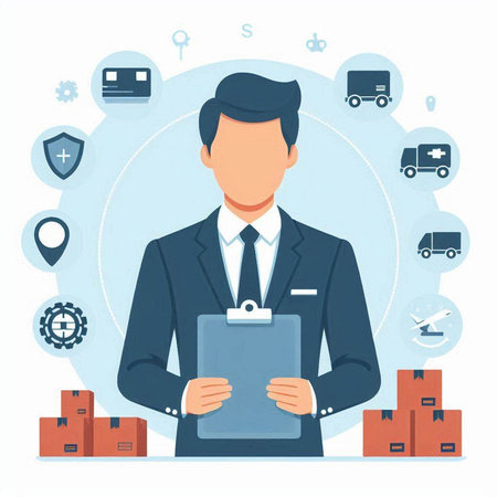 Vector illustration of delivery man holding clipboard with checklist in his hands. Delivery service concept.のイラスト素材