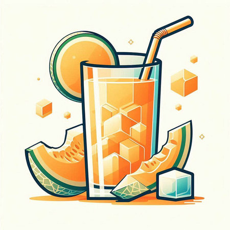 Melon juice in a glass with ice cubes and straw. Vector illustration.のイラスト素材