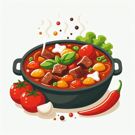 Hungarian goulash with beef and vegetables, vector illustration.のイラスト素材