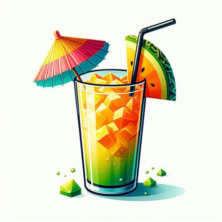Cocktail with watermelon, lemon and umbrella. Vector illustration.のイラスト素材