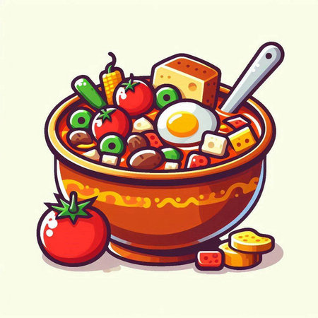 Illustration of a bowl of soup with tomatoes, cheese and breadのイラスト素材