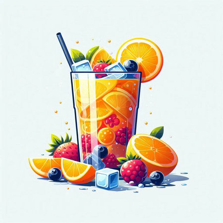 Cocktail with fruits, berries and ice cubes. Vector illustration.のイラスト素材