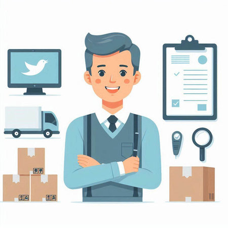 Vector illustration of a delivery man standing with his arms crossed and looking at the camera.のイラスト素材